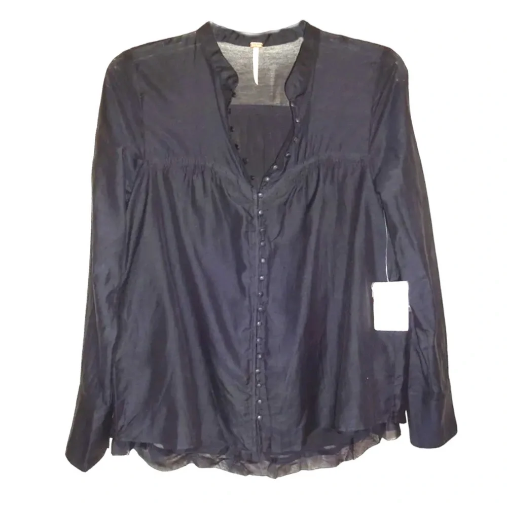 Free People Layers of Black Top XSMALL 2 Mandarin Collar Cotton Silk Breathable